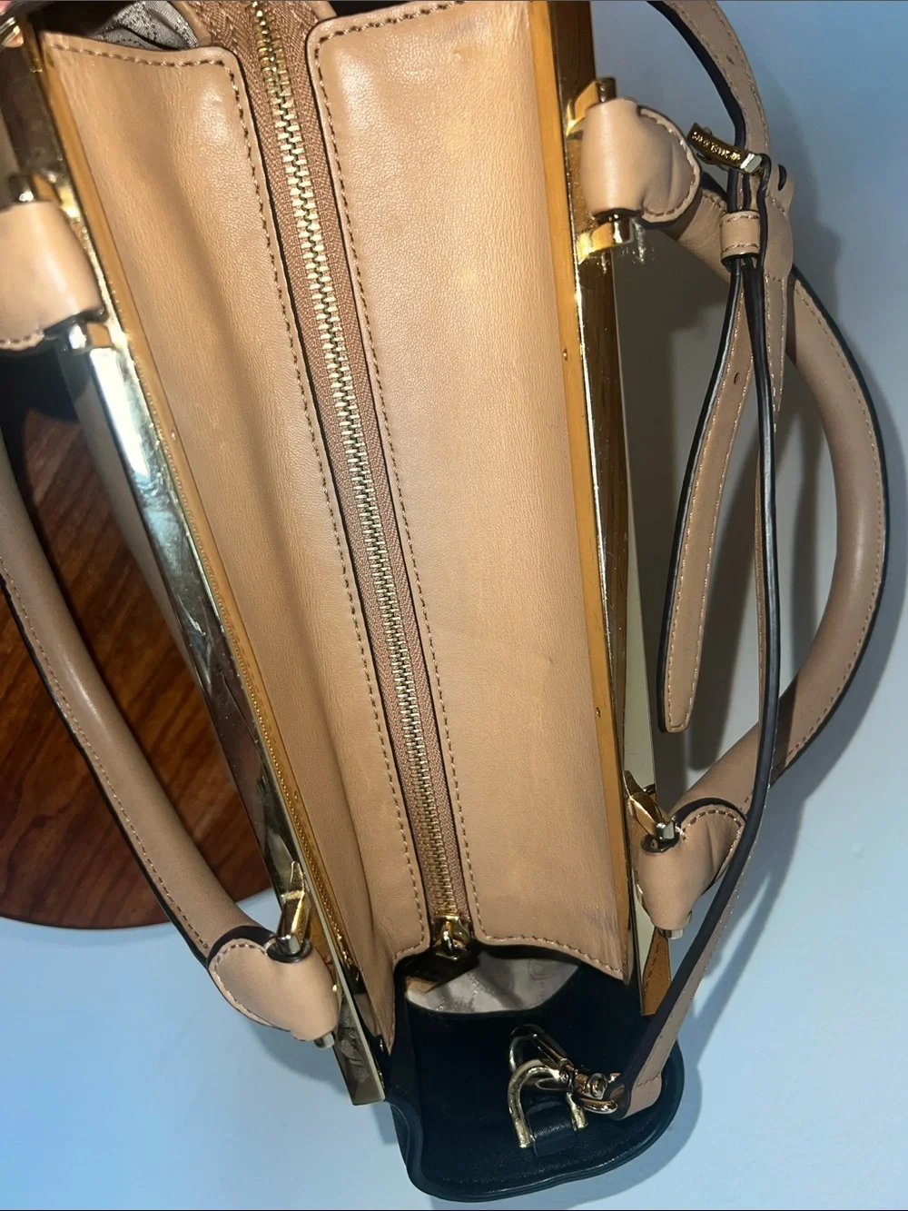 Michael Kors Two-Tone Tan & Black Leather Satchel with Gold Hardware